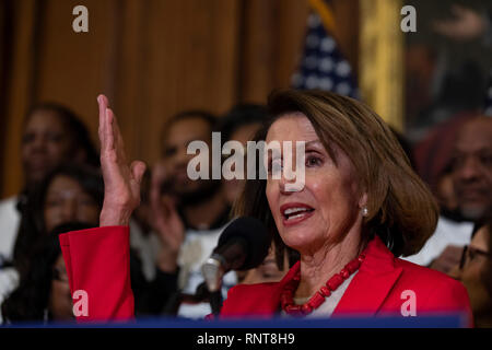 Speaker of the House of Representatives Nancy Pelosi, Democrat of California, speaks during a press conference on Capitol Hill in Washington, DC on January 16, 2019. Stock Photo