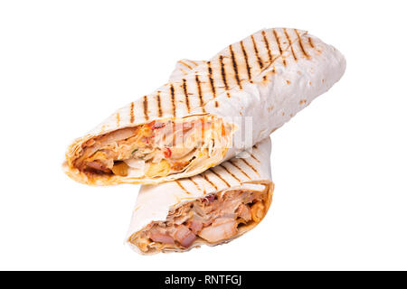 isolated two pita bread with chicken on white background Stock Photo