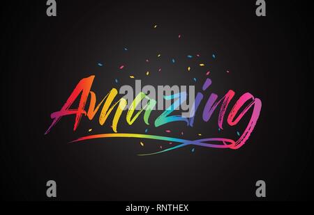 Amazing Word Text with Handwritten Rainbow Vibrant Colors and Confetti Vector Illustration. Stock Vector