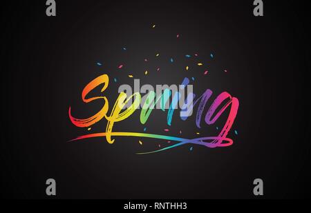 Spring Word Text with Handwritten Rainbow Vibrant Colors and Confetti Vector Illustration. Stock Vector