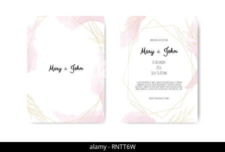 Wedding invite with abstract watercolor style decoration in light tender dusty pink color on white background. Stock Vector