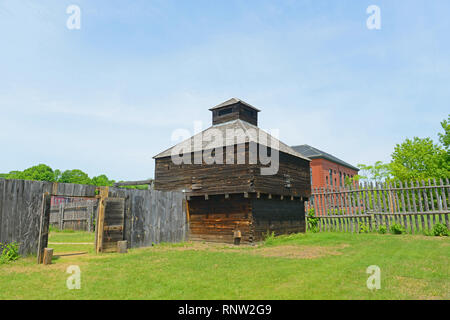 Fort Western is a former British colonial outpost on the Kennebec River in Augusta, Maine, USA. Stock Photo