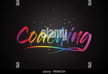 Coaching Word Text with Handwritten Rainbow Vibrant Colors and Confetti Vector Illustration. Stock Vector