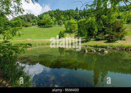 A beautiful pond in the arboretum of Aubonne, Switzerland in the autumn season. Stock Photo