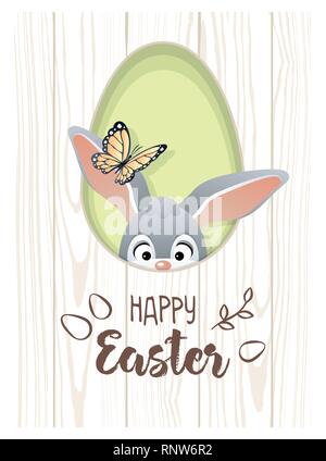 Happy Easter. Cute greeting card with Easter rabbit and butterfly. Vector illustration. Stock Vector