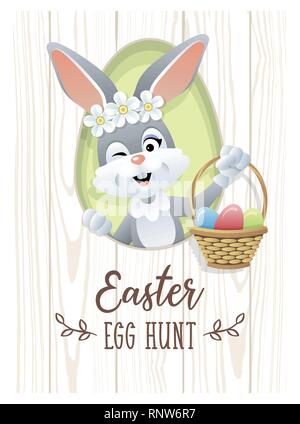 Easter Egg Hunt. Cute Easter rabbit with Wicker Basket and colorfull eggs. Vector illustration. Stock Vector