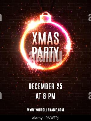 Neon light Xmas Party poster template. Stock Vector