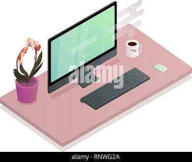 Flat 3d isometric workspace concept with laptop on the table vector ...