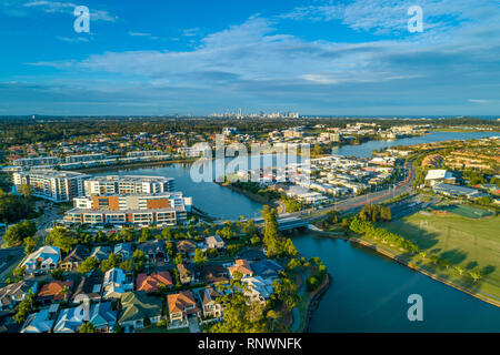 Aerial view of luxury real estate of Varsity Lakes suburb on Gold Coast, Queensland, Australia Stock Photo