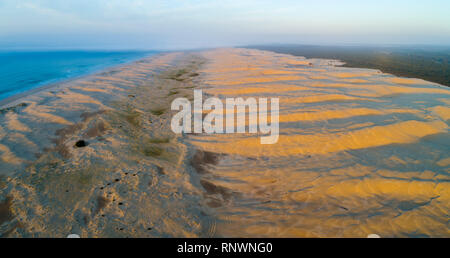 Aerial panorama of Stockton beach sand dunes at sunrise. Anna Bay, New South Wales, Australia Stock Photo