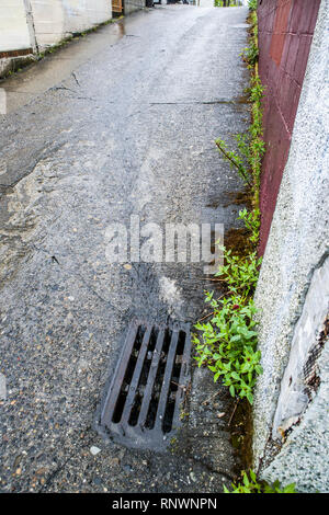 Water flowing down a street to a storm drain on a rainy day Stock Photo ...