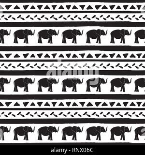 Vector seamless pattern with elephants hand drawn stripes and triangles . Hand drawn black stripes and triangles. Stock Vector