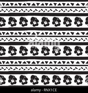 Vector seamless pattern with pansy hand drawn stripes and triangles . Hand drawn black stripes and triangles. Stock Vector