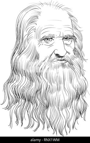 Leonardo Da Vinci portrait in line art illustration. Stock Vector