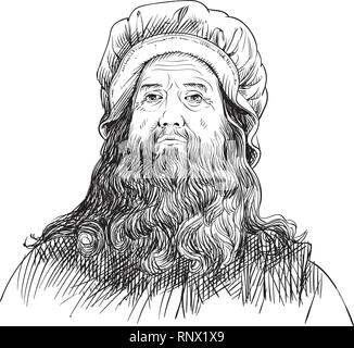 Leonardo Da Vinci portrait in line art illustration. Stock Vector