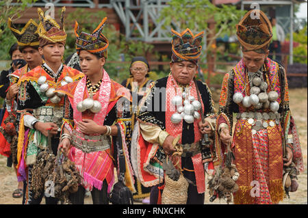 Kundasang Sabah, Malaysia - Jul 3, 2015 : Dusun ethnic shaman performing ritual to appease the spirit of Akinabalu the guardian of Mount Kinabalu. Stock Photo