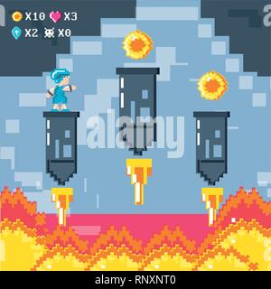 classic video game scene with warrior and flame vector illustration design Stock Vector