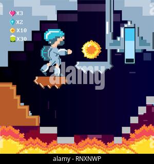 classic video game scene with warrior and flame vector illustration design Stock Vector
