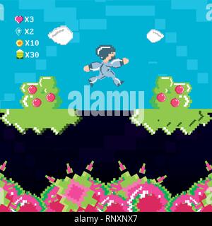 classic video game scene with warrior and flame vector illustration design Stock Vector