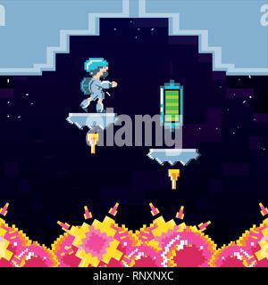 classic video game scene with warrior and flame vector illustration design Stock Vector