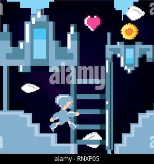 classic video game scene with warrior in stairs vector illustration design Stock Vector