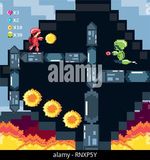 classic video game scene with warrior and flame vector illustration design Stock Vector