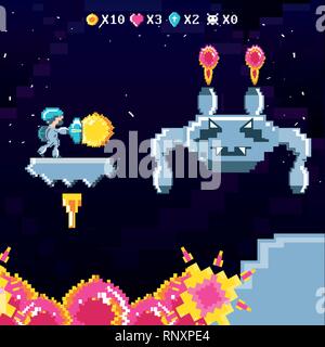 classic video game scene with warrior and flame vector illustration design Stock Vector