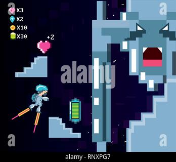 classic video game scene with warrior flying vector illustration design Stock Vector