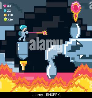 classic video game scene with warrior and flame vector illustration design Stock Vector