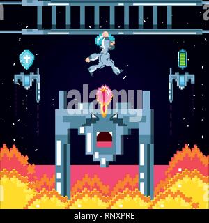 classic video game scene with warrior and flame vector illustration design Stock Vector