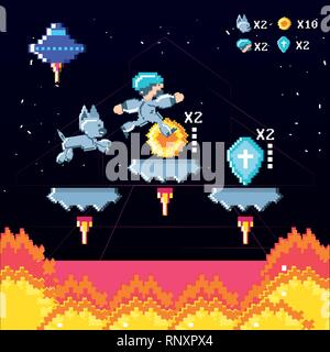 classic video game scene with warrior and flame vector illustration design Stock Vector