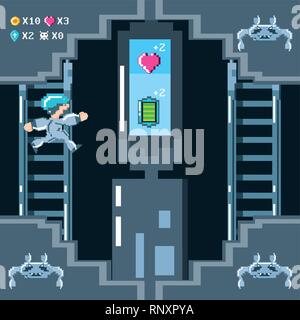 classic video game scene with warrior in stairs vector illustration design Stock Vector
