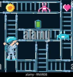 classic video game scene with warrior in stairs vector illustration design Stock Vector