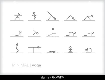 Set of 15 yoga line icons of stick figures doing yoga poses for stretching, relaxation, medication, fitness and health Stock Vector