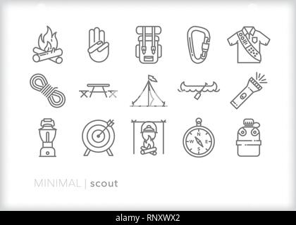 Set of 15 gray line icons of scouting, camping, hiking and exploring outdoors Stock Vector