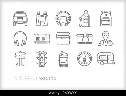 Set of 15 road trip line icons for going on a family vacation by car Stock Vector