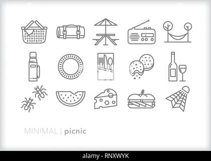 Set of 15 gray family picnic line items for a spring or summer outing Stock Vector