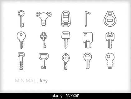 Set of 15 key line icons showing various ways to unlock objects, cars and houses Stock Vector