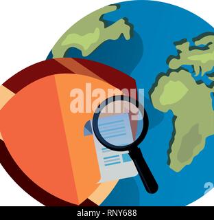 world shield magnifying glass copyright protection of intellectual vector illustration Stock Vector