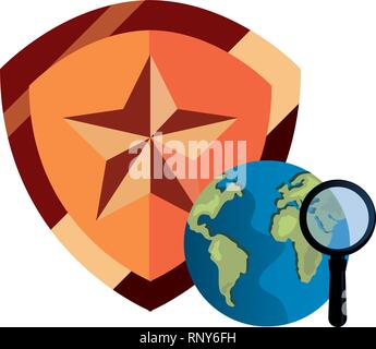 world magnifying glass shield copyright protection vector illustration Stock Vector