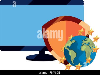 world computer shield copyright protection of intellectual vector illustration Stock Vector