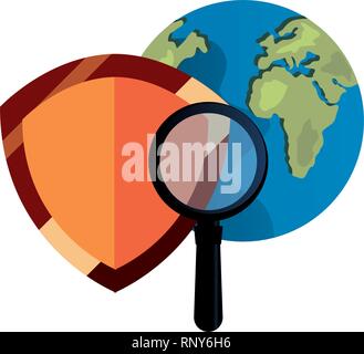 world shield protection magnifying glass copyright protection vector illustration Stock Vector