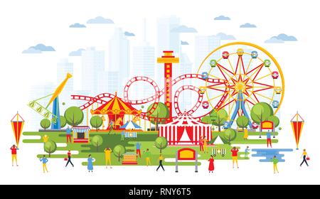Amusement Park with Carousels in Cartoon Style. Urban Cityscape. Vector Illustration. Circus. Stock Vector