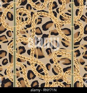 Leopard Seamless Pattern with Golden Chain and Belt with Buckle. Vector Illustration. Animal Print. Stock Vector