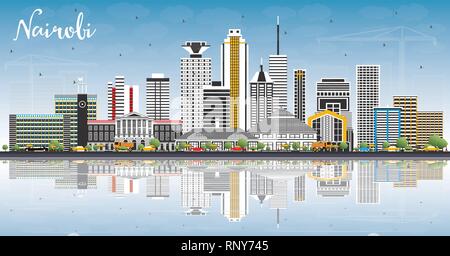 Nairobi Kenya City Skyline with Color Buildings, Blue Sky and Reflections. Vector Illustration. Business Travel and Concept with Modern Architecture.  Stock Vector
