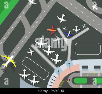 Horizontal banner with airplane taxiing and preparing for take off on runway, top view. Passenger aircraft beside airport building