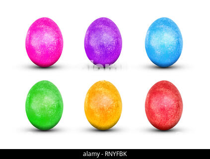 easter eggs isolated on white background. Red, green, purple, yellow, blue, pink, eggs. shiny gold-plated paint. decor for the celebration of Easter Stock Photo