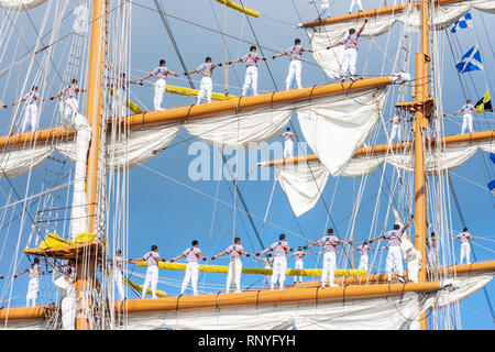 Crew climbing the rigging of Mexican navy training ship, Cuauhtemoc. Stock Photo