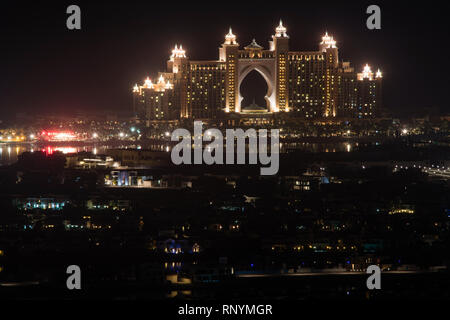 DUBAI, UAE - February 17, 2018: Night view of Hotel Atlantis The Palm, Palm Jumeirah, Dubai, United Arab Emirates - Image Stock Photo