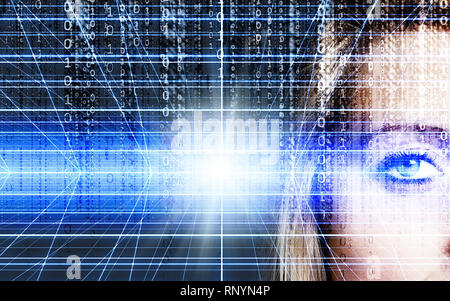 eye of a blonde woman and digital background, concept for avatars, virtual reality and technology advance in secure identification Stock Photo